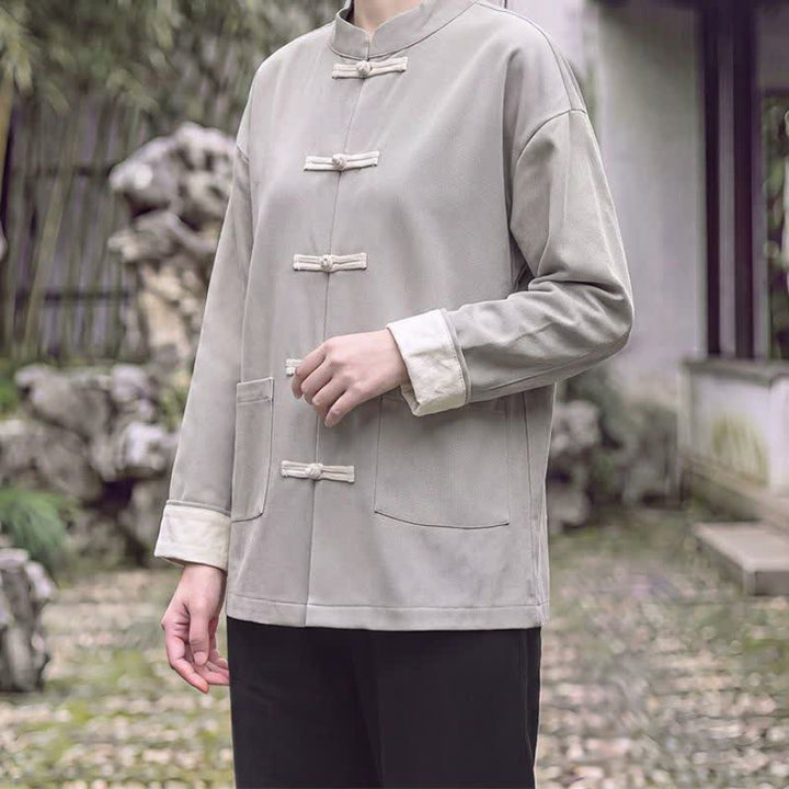 Buddha Stones Chaquetas de mujer de estilo Tang vintage con cuello mandarín, botones de rana y diseño liso, ideales para otoño e invierno. - image 10