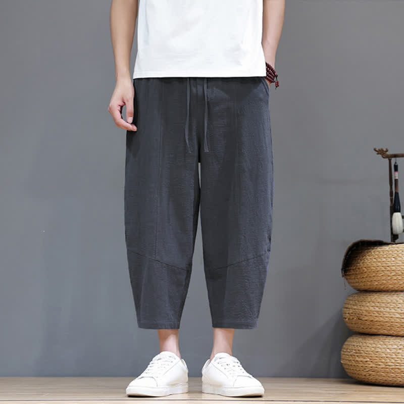 Buddha Stones Pantalones capri de algodón y lino lisos, estilo casual y minimalista, con cordón ajustable, ideales para primavera y verano. Pantalones harem para hombre con bolsillo. - image 1