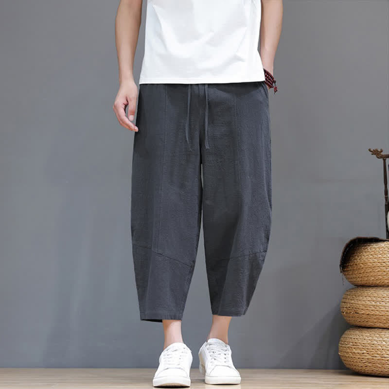Buddha Stones Pantalones capri de algodón y lino lisos, estilo casual y minimalista, con cordón ajustable, ideales para primavera y verano. Pantalones harem para hombre con bolsillo. - Gris pizarra - US/UK/AU46, EU56 (5XL) - image 0