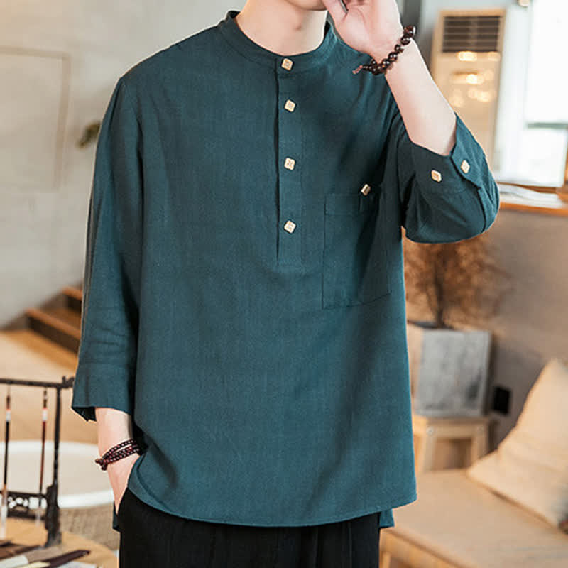 Buddha Stones Camisas de manga larga para hombre de estilo casual Tang con cuello mandarín y bolsillo de parche, ideales para primavera y verano. - image 1