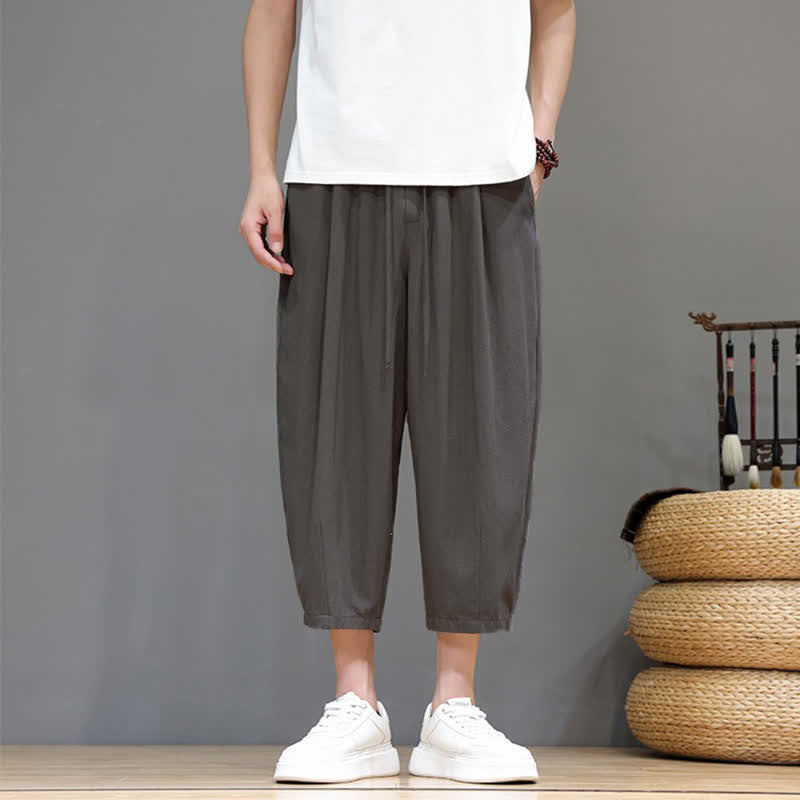 Buddha Stones Pantalones capri informales de primavera/verano con cordón ajustable, color liso, estilo harem para hombre con bolsillo. - image 1