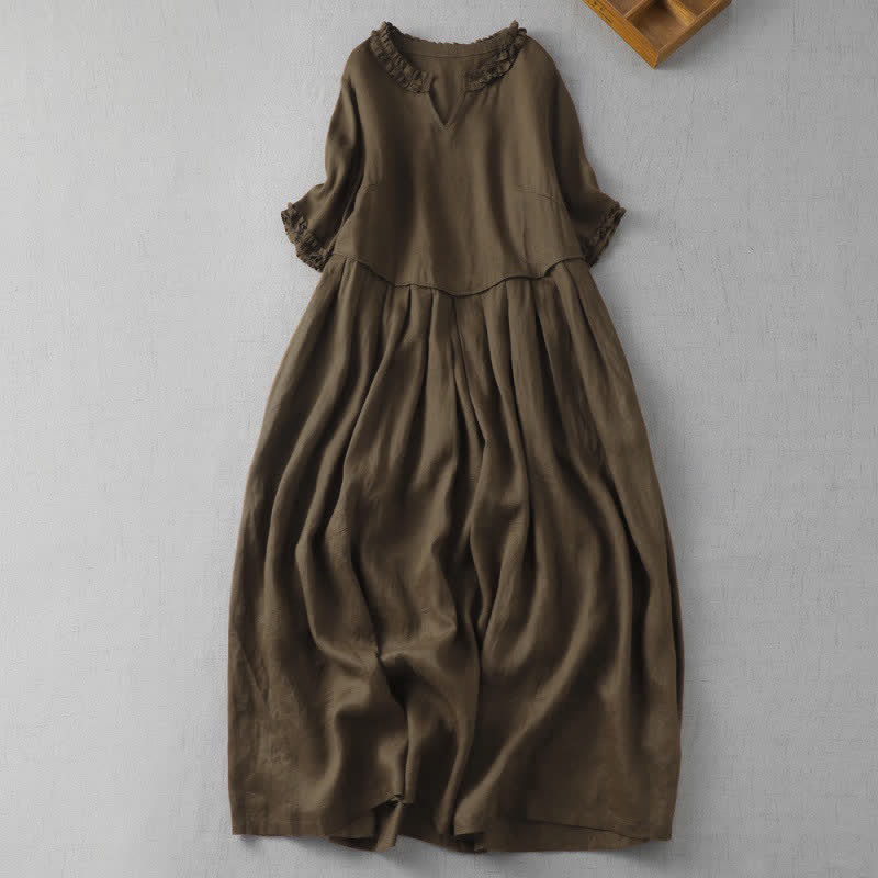 Buddha Stones Vestido de manga corta para mujer, estilo minimalista elegante, con cuello en V y bolsillo, ideal para primavera y verano. - Marrón silla de montar - US14, UK/AU18, EU46 (2XL) - image 0