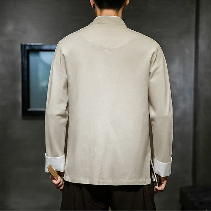 Buddha Stones Camisas de manga larga para hombre, estilo Tang vintage, con cuello mandarín, botones de rana y bordado de personajes, ideales para otoño e invierno. - image 12