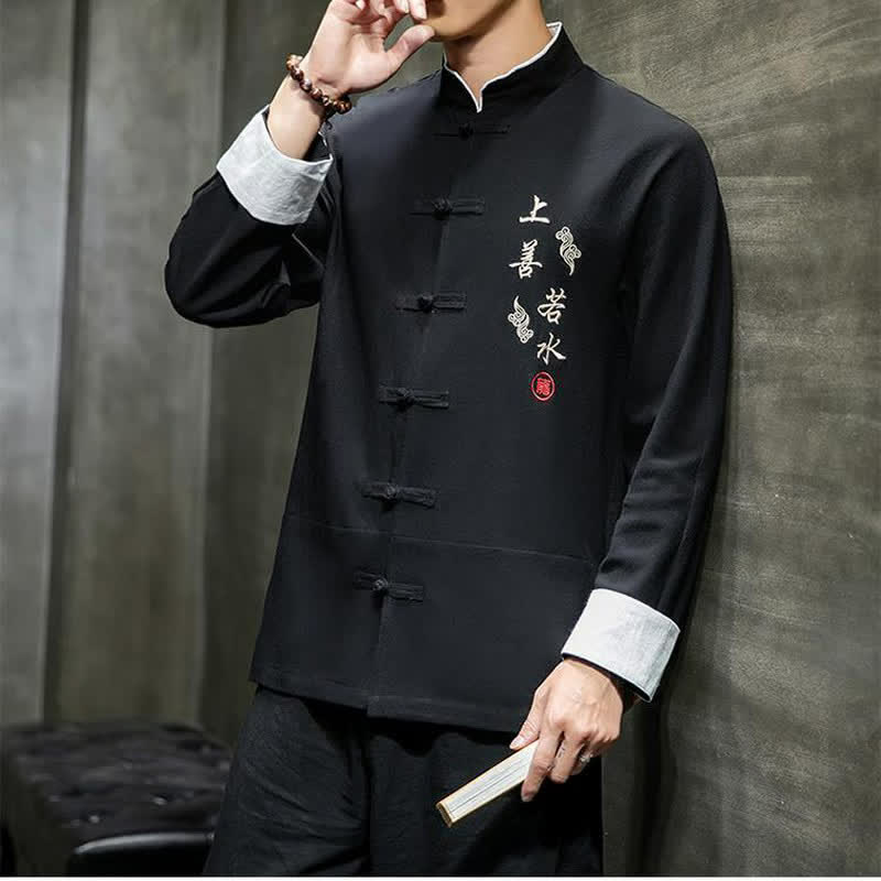 Buddha Stones Camisas de manga larga para hombre, estilo Tang vintage, con cuello mandarín, botones de rana y bordado de personajes, ideales para otoño e invierno. - image 2