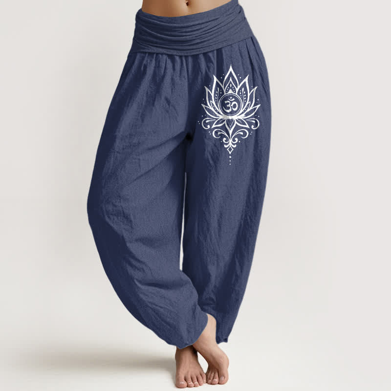 Buddha Stones Pantalones harem de mujer con cintura elástica y estampado de loto blanco de algodón puro. - Azul pizarra oscuro - US16，UK/AU20，EU48 (3XL) - image 0