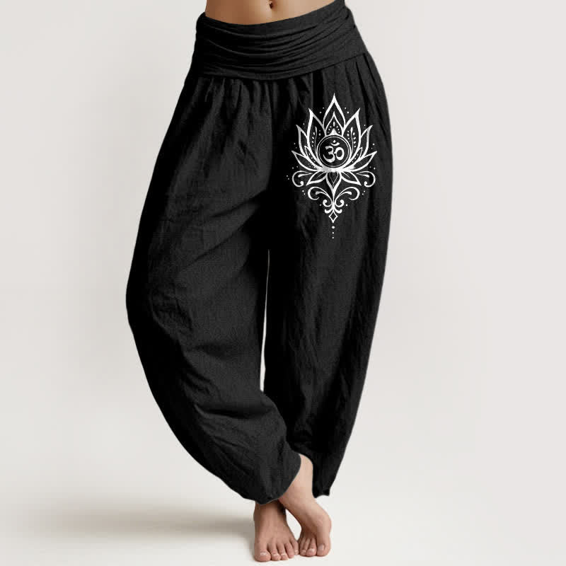 Buddha Stones Pantalones harem de mujer con cintura elástica y estampado de loto blanco de algodón puro. - Negro - US16，UK/AU20，EU48 (3XL) - image 5