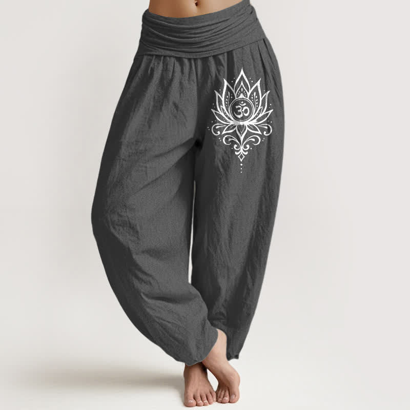 Buddha Stones Pantalones harem de mujer con cintura elástica y estampado de loto blanco de algodón puro. - Gris oscuro - US16，UK/AU20，EU48 (3XL) - image 8