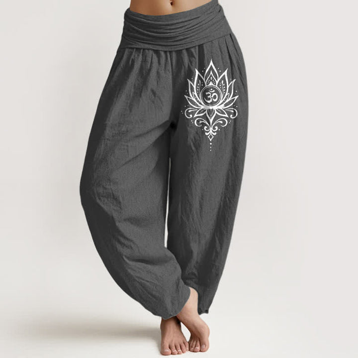 Buddha Stones Pantalones harem de mujer con cintura elástica y estampado de loto blanco de algodón puro. - Gris oscuro - US16，UK/AU20，EU48 (3XL) - image 8