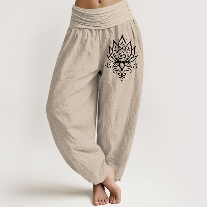 Buddha Stones Pantalones harem de mujer con cintura elástica y estampado de loto blanco de algodón puro. - Broncearse - US16，UK/AU20，EU48 (3XL) - image 11
