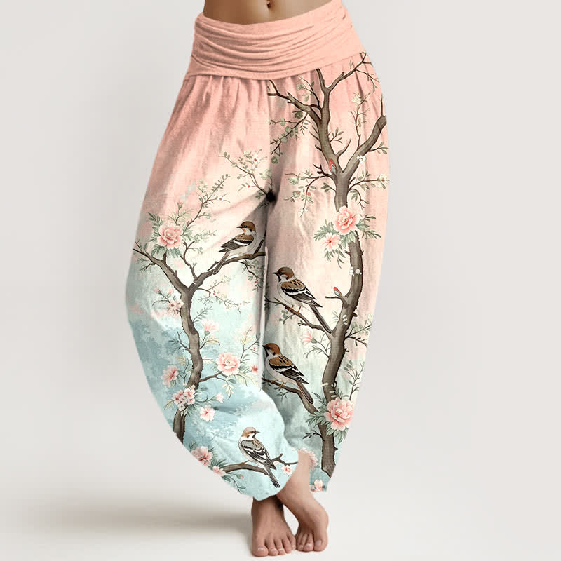 Buddha Stones Pantalones harem de algodón con estampado de ramas, flores y pájaros orientales para mujer, con cintura elástica. - rosa claro - US16，UK/AU20，EU48 (3XL) - image 0