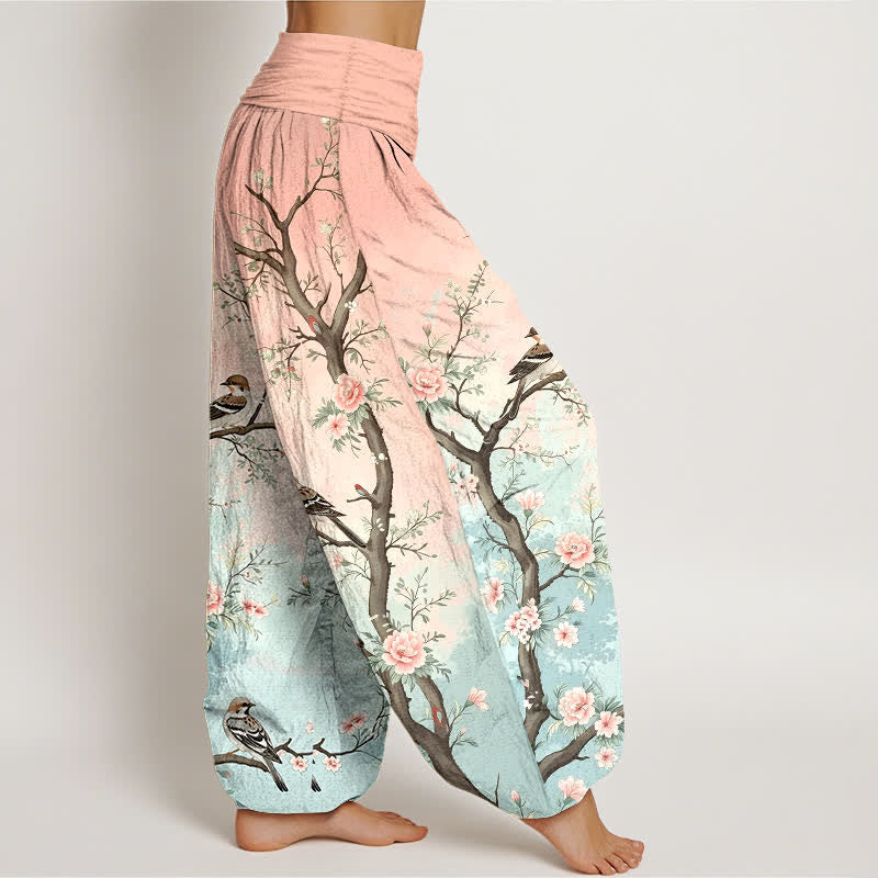 Buddha Stones Pantalones harem de algodón con estampado de ramas, flores y pájaros orientales para mujer, con cintura elástica. - image 1