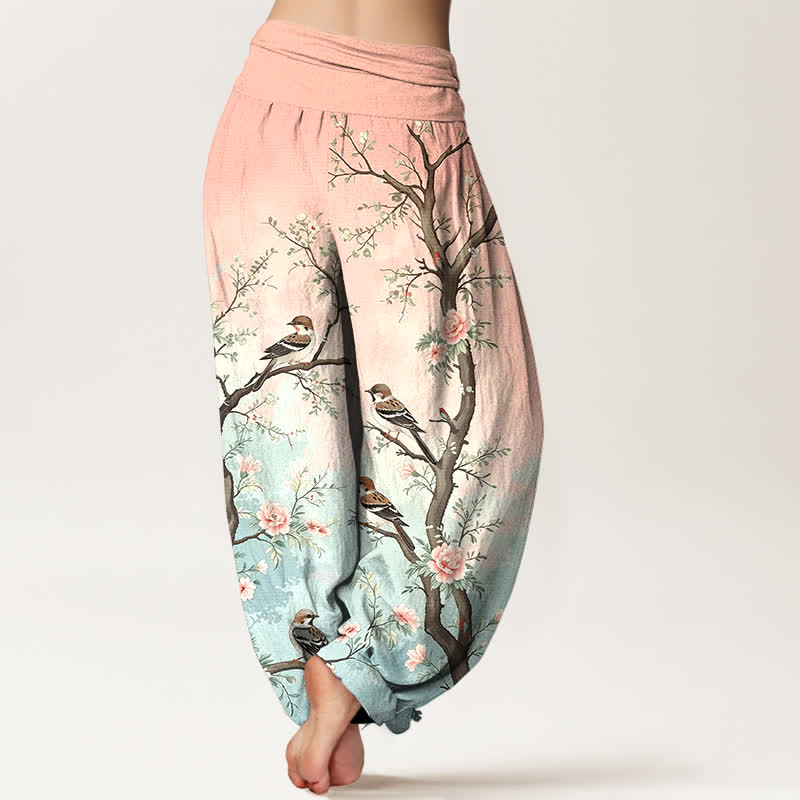 Buddha Stones Pantalones harem de algodón con estampado de ramas, flores y pájaros orientales para mujer, con cintura elástica. - image 2