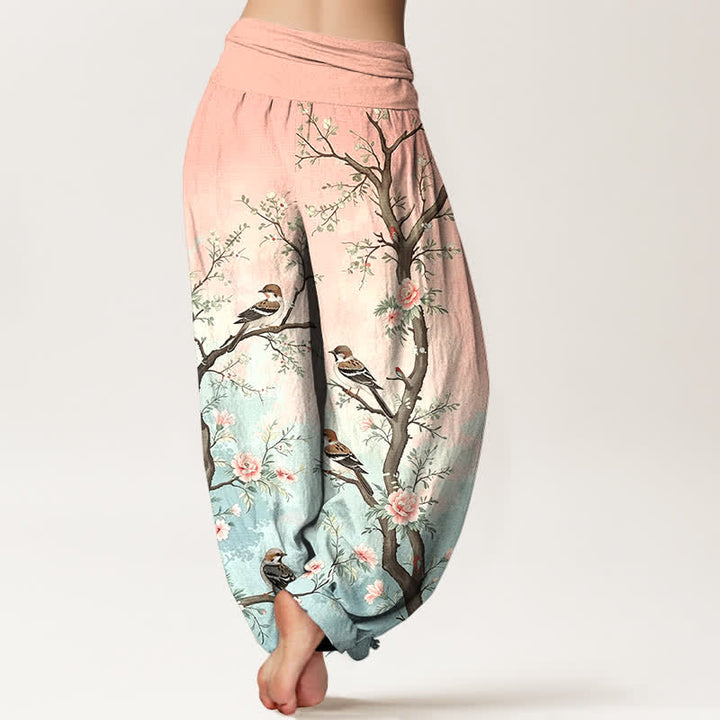 Buddha Stones Pantalones harem de algodón con estampado de ramas, flores y pájaros orientales para mujer, con cintura elástica. - image 2