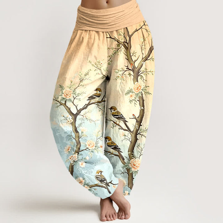 Buddha Stones Pantalones harem de algodón con estampado de ramas, flores y pájaros orientales para mujer, con cintura elástica. - Trigo - US16，UK/AU20，EU48 (3XL) - image 5