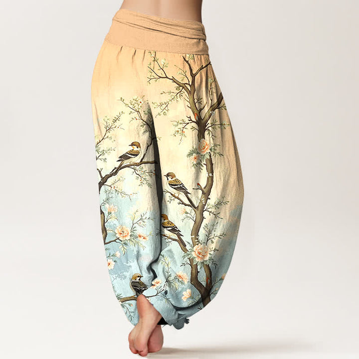 Buddha Stones Pantalones harem de algodón con estampado de ramas, flores y pájaros orientales para mujer, con cintura elástica. - image 7