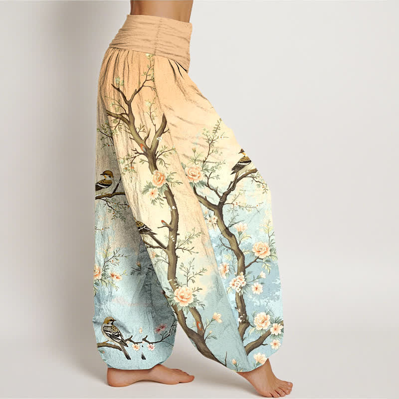 Buddha Stones Pantalones harem de algodón con estampado de ramas, flores y pájaros orientales para mujer, con cintura elástica. - image 6