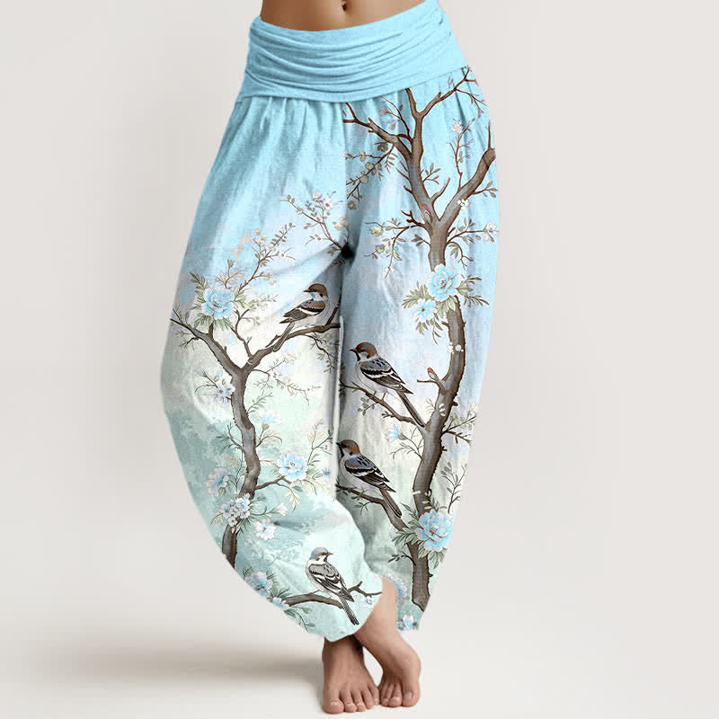 Buddha Stones Pantalones harem de algodón con estampado de ramas, flores y pájaros orientales para mujer, con cintura elástica. - Cian - US16，UK/AU20，EU48 (3XL) - image 8