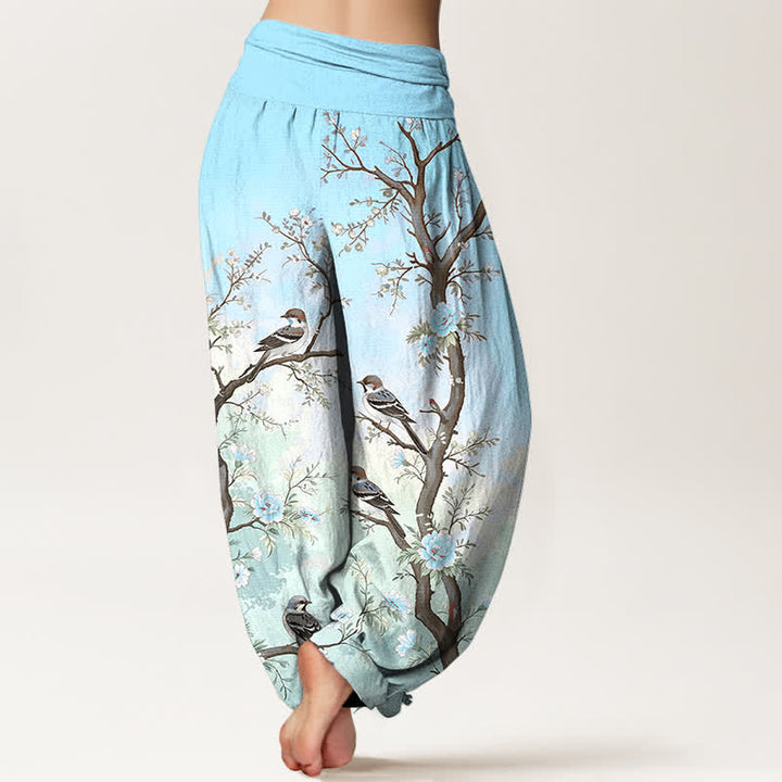 Buddha Stones Pantalones harem de algodón con estampado de ramas, flores y pájaros orientales para mujer, con cintura elástica. - image 10