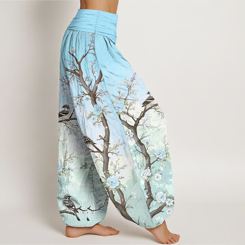 Buddha Stones Pantalones harem de algodón con estampado de ramas, flores y pájaros orientales para mujer, con cintura elástica. - image 9