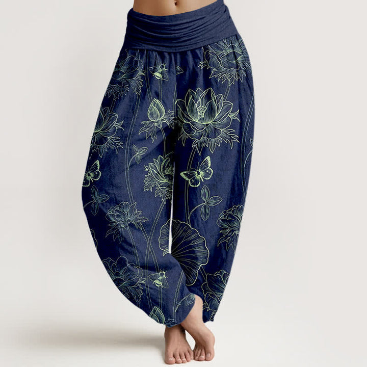 Buddha Stones Pantalones harem de mujer con cintura elástica y estampado de mariposas y loto de algodón. - Marina de guerra - US16，UK/AU20，EU48 (3XL) - image 0