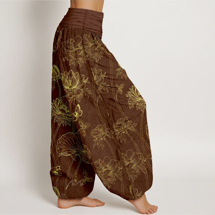 Buddha Stones Pantalones harem de mujer con cintura elástica y estampado de mariposas y loto de algodón. - image 6