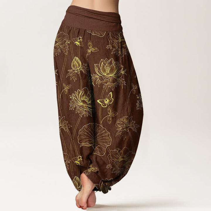 Buddha Stones Pantalones harem de mujer con cintura elástica y estampado de mariposas y loto de algodón. - image 7