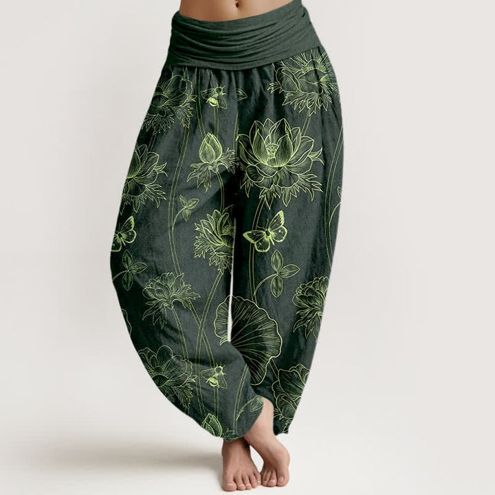 Buddha Stones Pantalones harem de mujer con cintura elástica y estampado de mariposas y loto de algodón. - Verde oscuro - US16，UK/AU20，EU48 (3XL) - image 8