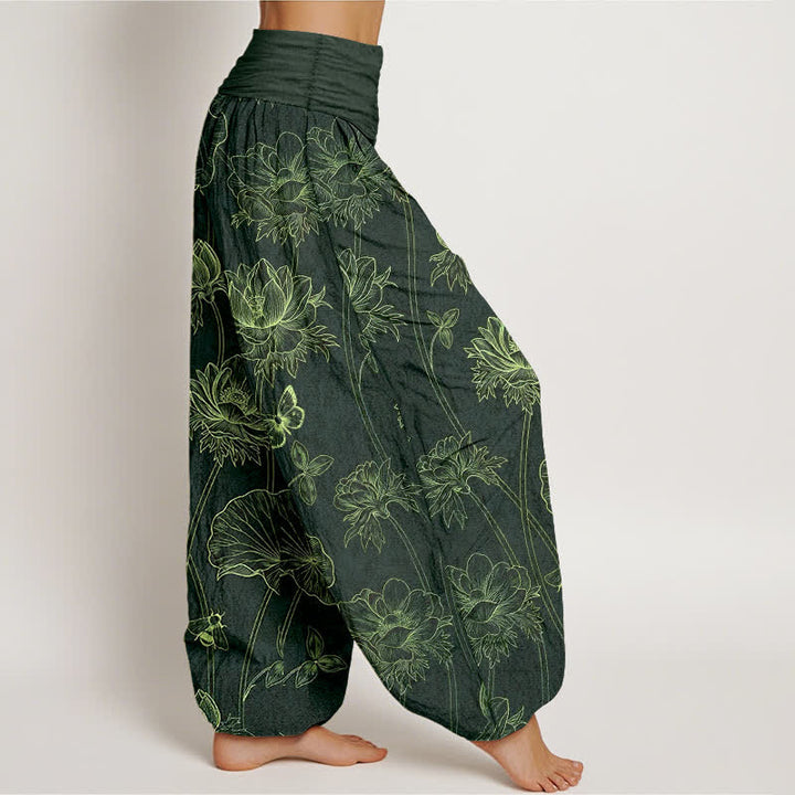 Buddha Stones Pantalones harem de mujer con cintura elástica y estampado de mariposas y loto de algodón. - image 10