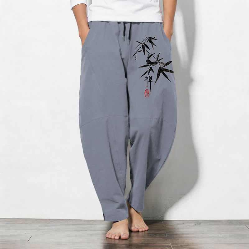 Buddha Stones Pantalones de hombre de algodón puro con estampado de hojas de bambú Zen, cordón ajustable y corte cónico, con bolsillos. - Gris pizarra - US/UK/AU50, EU60 (5XL) - image 0