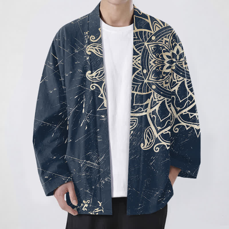 Buddha Stones Kimono de hombre de algodón con estampado de mandala desgastado y frente abierto - Marina de guerra - US/UK/AU48, UE58 (4XL) - image 0