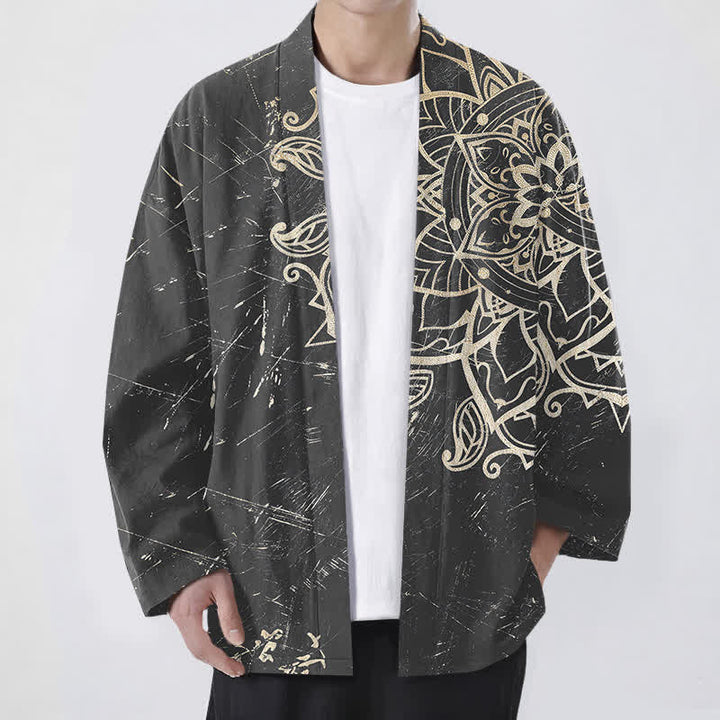 Buddha Stones Kimono de hombre de algodón con estampado de mandala desgastado y frente abierto - Gris - US/UK/AU48, UE58 (4XL) - image 9