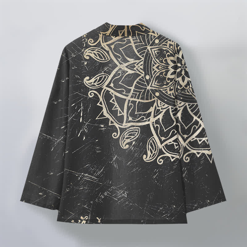 Buddha Stones Kimono de hombre de algodón con estampado de mandala desgastado y frente abierto - image 11