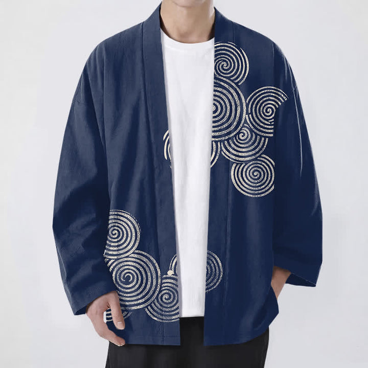 Buddha Stones Kimono de algodón con estampado espiral concéntrico y frente abierto para hombre - Marina de guerra - US/UK/AU48, UE58 (4XL) - image 0
