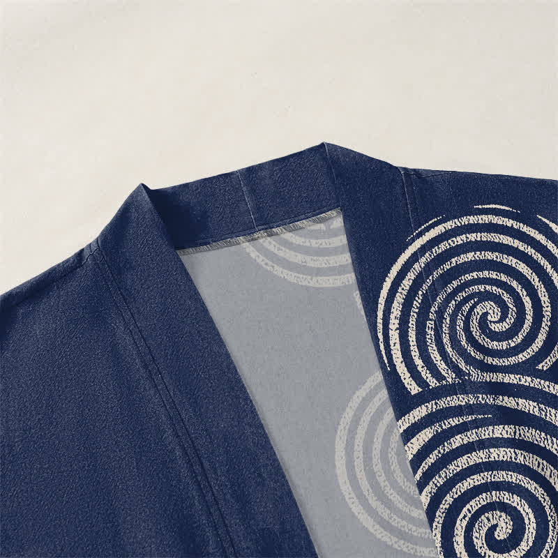 Buddha Stones Kimono de algodón con estampado espiral concéntrico y frente abierto para hombre - image 3