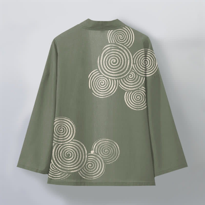 Buddha Stones Kimono de algodón con estampado espiral concéntrico y frente abierto para hombre - image 8