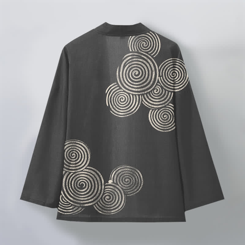 Buddha Stones Kimono de algodón con estampado espiral concéntrico y frente abierto para hombre - image 11