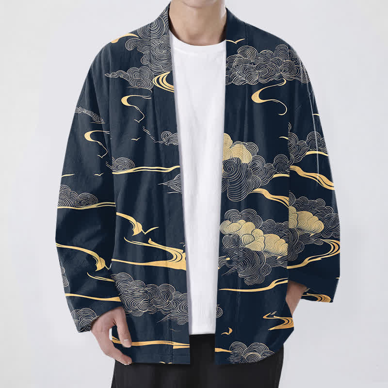Buddha Stones Kimono de algodón con estampado de nubes doradas y frente abierto para hombre - Marina de guerra - US/UK/AU48, UE58 (4XL) - image 0