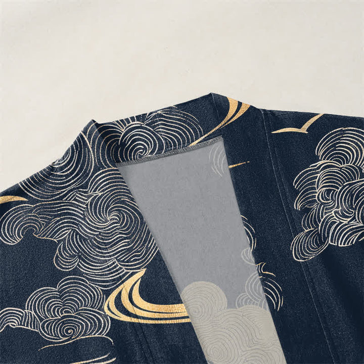 Buddha Stones Kimono de algodón con estampado de nubes doradas y frente abierto para hombre - image 3
