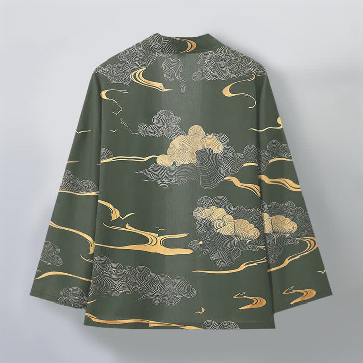 Buddha Stones Kimono de algodón con estampado de nubes doradas y frente abierto para hombre - image 8