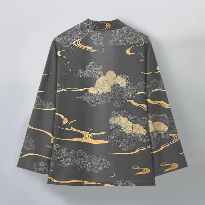 Buddha Stones Kimono de algodón con estampado de nubes doradas y frente abierto para hombre - image 11