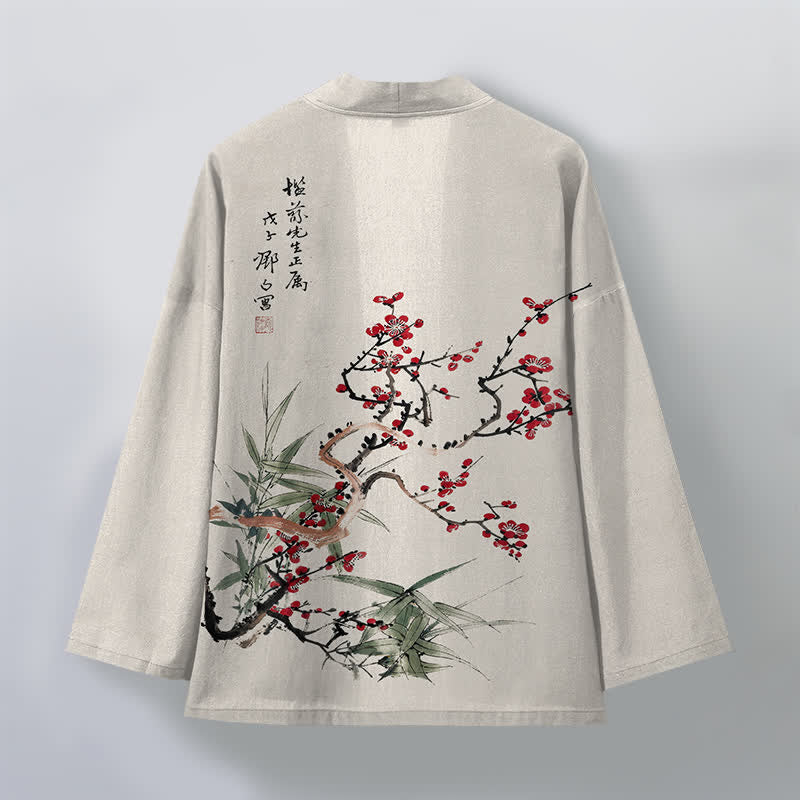 Buddha Stones Kimono de hombre de algodón rojo ciruela con estampado de bambú y frente abierto - image 11