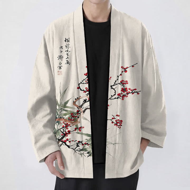 Buddha Stones Kimono de hombre de algodón rojo ciruela con estampado de bambú y frente abierto - Beige - US/UK/AU48, UE58 (4XL) - image 9