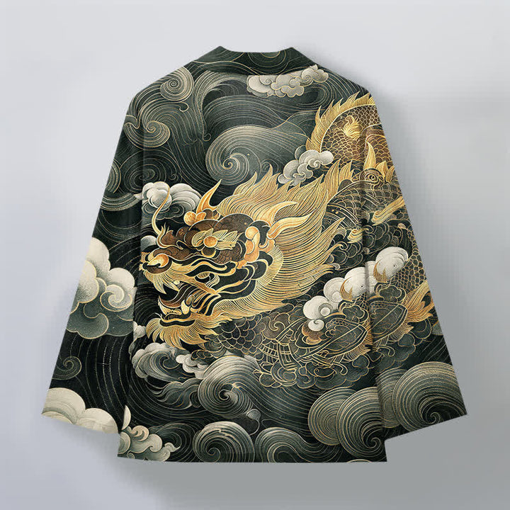 Buddha Stones Kimono de algodón con estampado de nube y dragón dorado para hombre, con frente abierto. - image 8