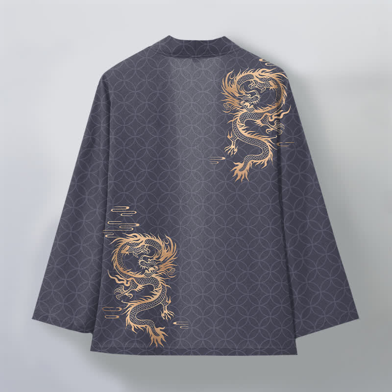 Buddha Stones Kimono de hombre de algodón con estampado geométrico de círculos y dragón dorado, con frente abierto. - image 2