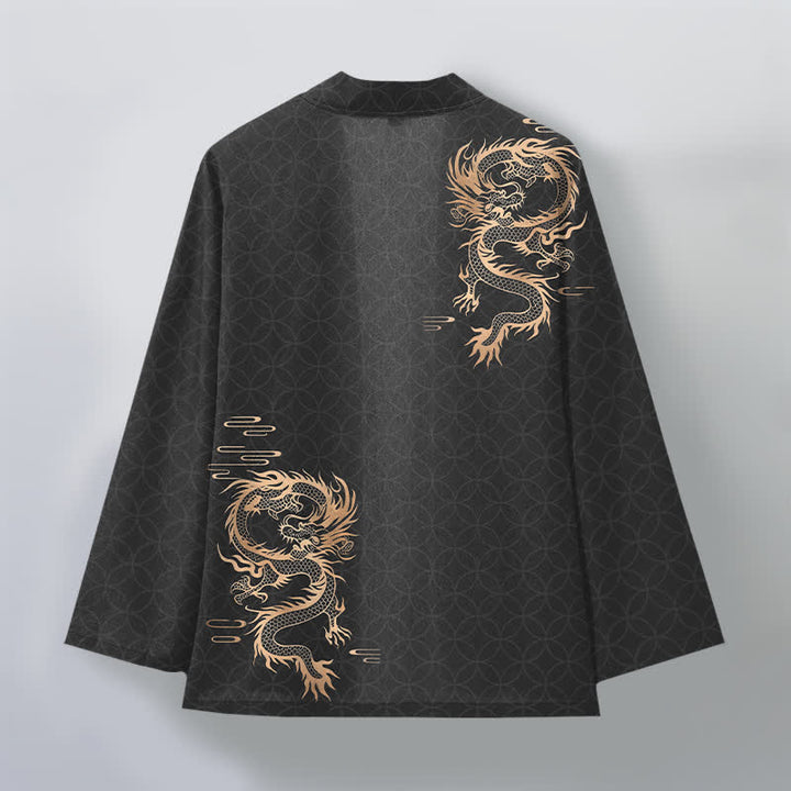 Buddha Stones Kimono de hombre de algodón con estampado geométrico de círculos y dragón dorado, con frente abierto. - image 8