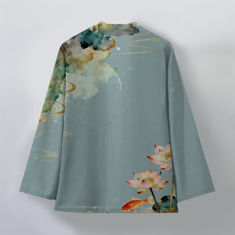 Buddha Stones Kimono de hombre con frente abierto, estampado de nube de tinta de koi y loto de algodón. - image 2