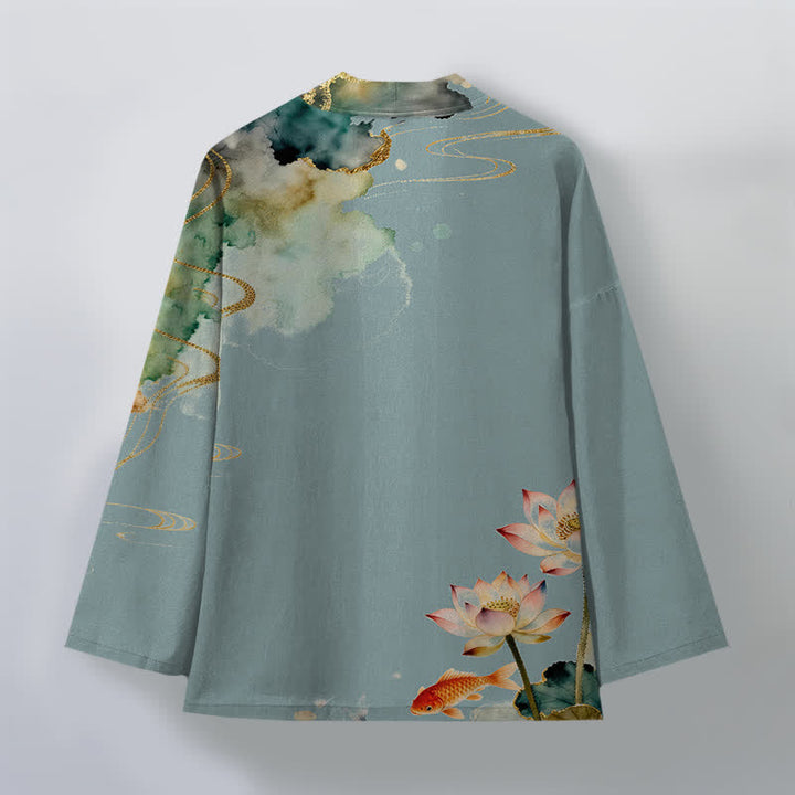 Buddha Stones Kimono de hombre con frente abierto, estampado de nube de tinta de koi y loto de algodón. - image 2