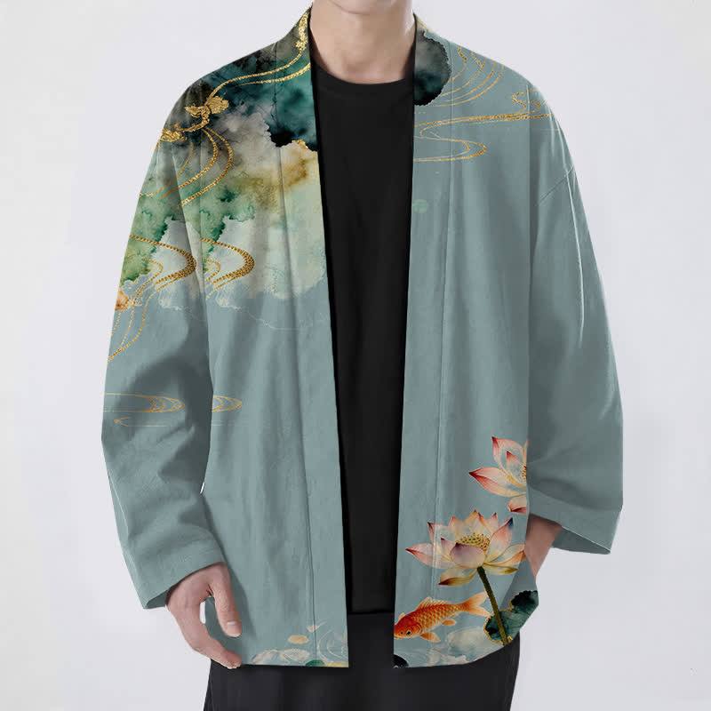 Buddha Stones Kimono de hombre con frente abierto, estampado de nube de tinta de koi y loto de algodón. - Azul cadete - US/UK/AU48, UE58 (4XL) - image 0