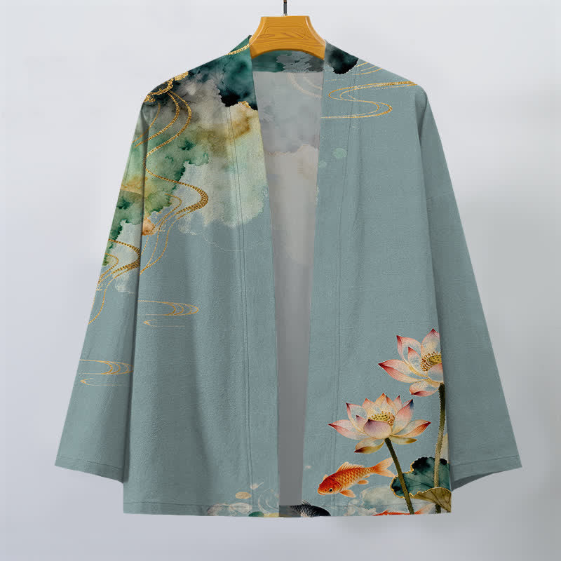 Buddha Stones Kimono de hombre con frente abierto, estampado de nube de tinta de koi y loto de algodón. - image 1