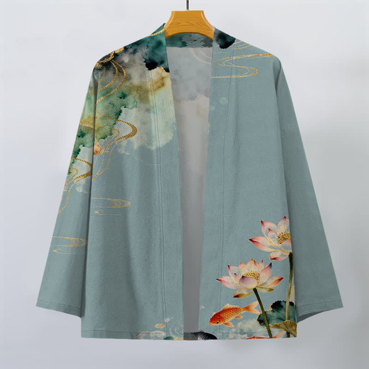 Buddha Stones Kimono de hombre con frente abierto, estampado de nube de tinta de koi y loto de algodón. - image 1